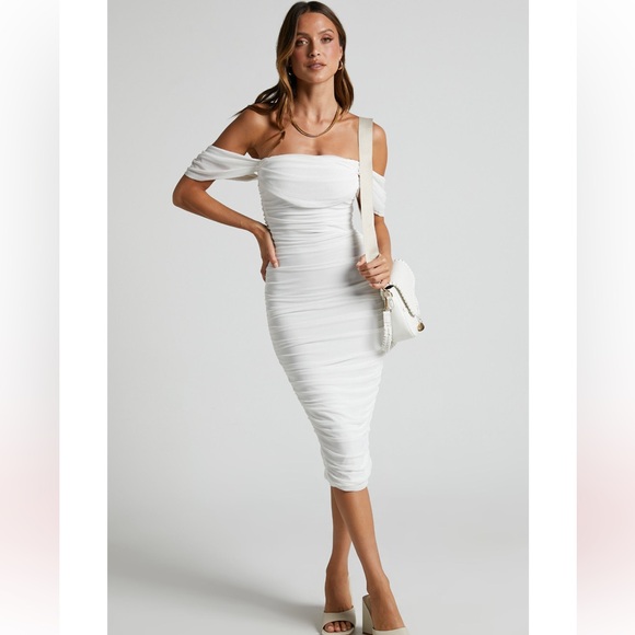 Showpo. Dresses & Skirts - Showpo White Off Shoulder Ruched Bodycon Midi Dress XL/10